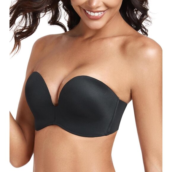 Women's Black Strapless Bra Push Up Anti-slip Support Lift Up Wire-free Bra - Picture 4 of 7